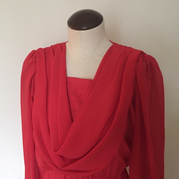 Vintage Red Swoop Neck Dress - Picture 4 of 7